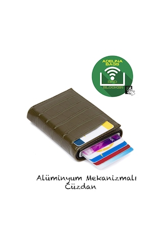 Adelina Bags Haki Timsah Desenli Mekanizmalı Otomatik Kızaklı Kartlık Cüzdan Haki