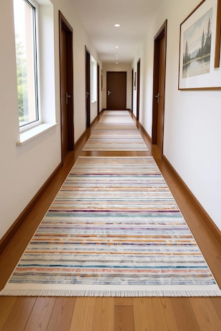 Blghome Renkli Çizgiler Modern Halı Dekoratif Kilim Krem - Renkli
