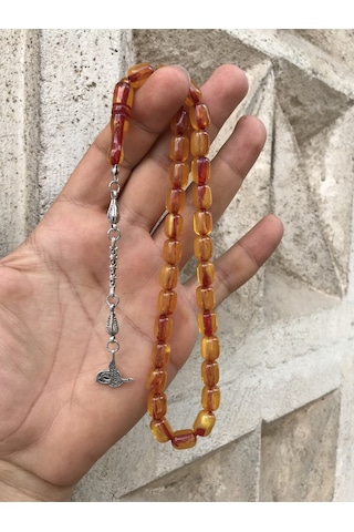 Yoğun Hareli Çift Püsküllü İran Bağası Toz Kehribar Tesbih