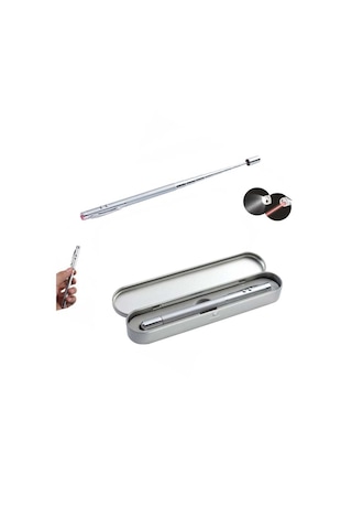 Metal Kutulu Kırmızı Lazerli, Led Işıklı Pointer Kalemi Rehber İşaretçi Uzayan Metal Tükenmez Kalem Gümüş