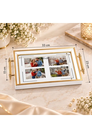 Bk Gift Kişiye Özel Fotoğraflı Beyaz&gold Söz Nişan Tepsisi-1 - 39x23 Cm Çok Renkli