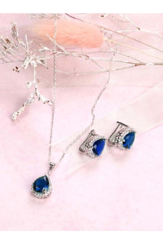 Brezza Lusso Jewelry Damla Model Safir Mavisi Zirkon Taşlı Gümüş Kadın Kolye Küpe Seti
