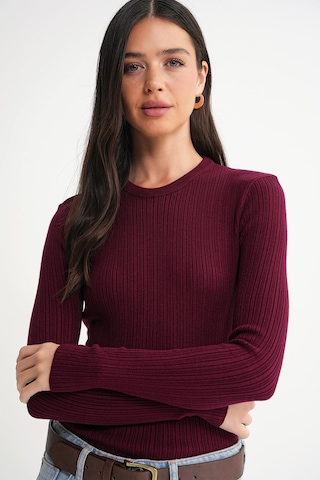 Mixray 6938 Kadın Bisiklet Yaka Fitilli Triko Body Bordo