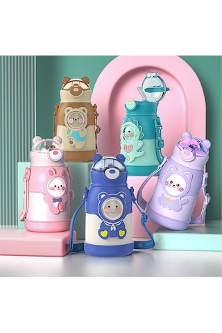 Taşınabilir Çocuk Termos Şişesi 316 Paslanmaz Çelik Öğrenci Pipetli Bardak-yeşil