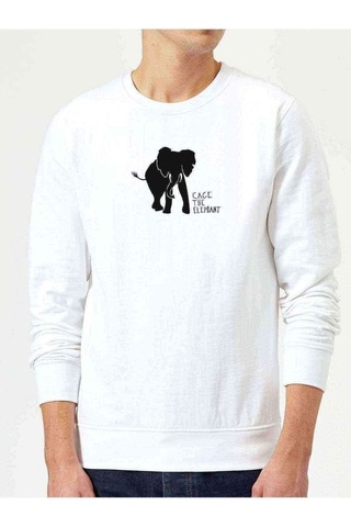 Cage The Elephant Baskılı Beyaz Erkek Örme Sweatshirt
