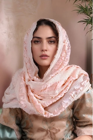 Rosehan Collection El Dokuması Pembe İpek Şal - Gofreli - Ödemiş İpeği