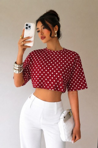 Hımmelduf Kadın Puantiye Desenli Crop Tişört Basic Oversize Yazlık Bluz Bordo