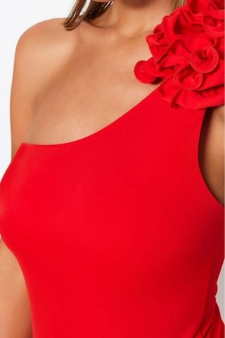 Ersefa Kadın Moda Atma Kap Askılı Slip Yaka Zümrüt Yeşili Tek Omuz Çiçek Koyu Kırmızı