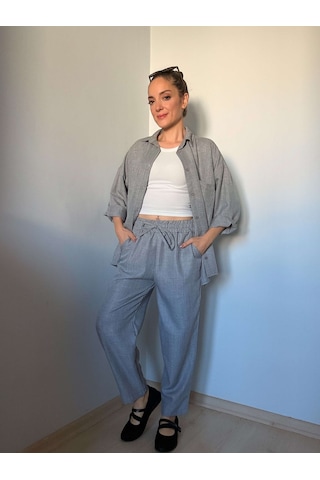 Ali Butik Gri Keten Gömlek Pantolon Takım Gri