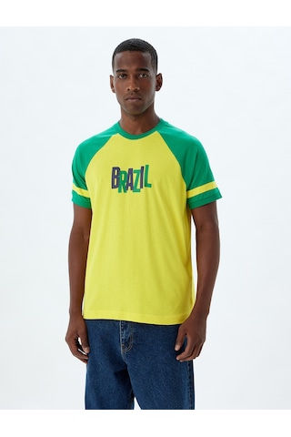 Koton Slim Fit Tişört Baskılı Bisiklet Yaka Kısa Kollu Biyeli Pamuklu Sarı 4sam11093hk Sarı