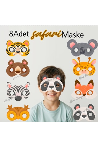8 Adet Safari Hayvan Konsept Kağıt Parti Maskesi Safari Doğum Günü Süsü