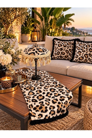 Missidea Leopard Luxury Desenli Dekoratif Masa Üstü Lambası Bali Şemsiyesi Seti Şemsiye + Runner + 2 Li Kırlent Kılıfı Çok Renkli 69841645