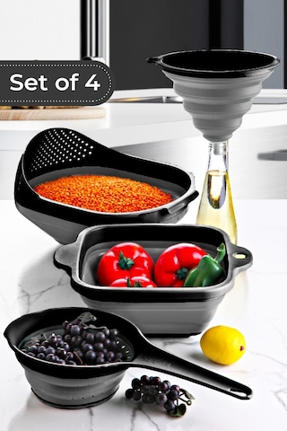 Vienev 4lü Elegant Katlanır Süzgeç Seti 1x Huni, Saplı Süzgeç, Kare Süzgeç, Pirinç Süzgeci Siyah