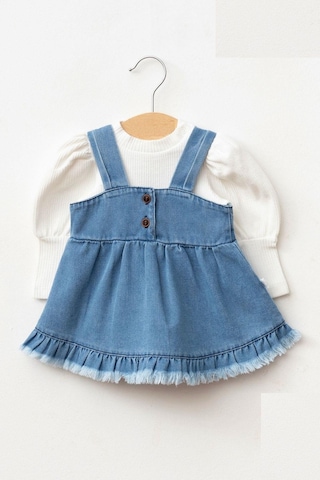 Cantoy Kız Bebek Püsküllü Kot Jile Elbise Balon Bluz Lüks Jean Takım Açık Mavi