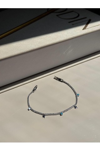 Yıldız Figürlü Mavi Taş Detaylı Gümüş Renk Çelik Bileklik Zarif Kadın Takı Gümüş