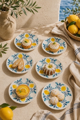 6 Lı Limon Desenli Seramik Tatlı Tabağı 16 Cm Akdeniz Temalı Pasta Kahvaltı Ve Sunum Tabağı Beyaz