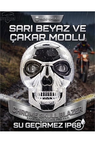 Su Geçirmez Ip68 Krom Kuru Kafa Tasarımlı Motosiklet Farı Sarı Ve Beyaz Led