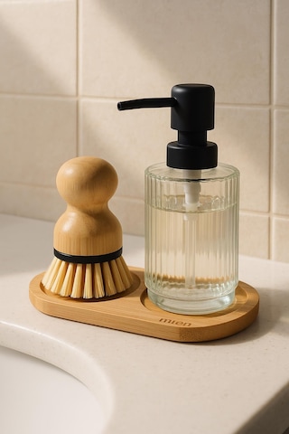 3 Parça Bambu Altlıklı Sabunluk Ve Temizlik Fırça Seti Bambu