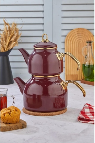 Emaye Özel Tasarım Yapışmaz Yüzey Büyük Boy Demlik Seti Emaye Çaydanlık Üst 1.4 L Alt 2.6 L Bordo