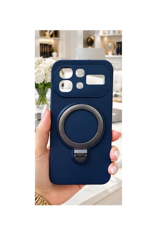 İnfinix Note 60 İle Uyumlu 360 Derece Dönebilen Kalın Metal Magsafe Halka Stantlı İçi Kadife Korumalı Ultra Lüx Premium Silikon Kılıf Lacivert