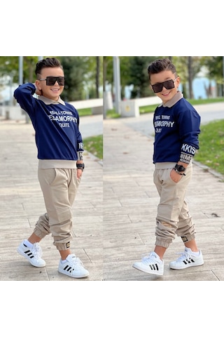 Modavals Gömlek Yaka Sweatshırt Ve Gabardin Kargo Pantolon Erkek Çocuk Kombin Lacivert