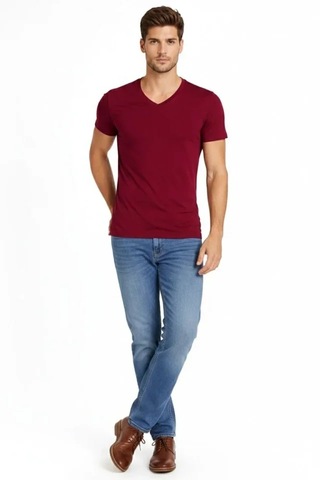 Modi Erkek T-shirt V Yaka Slim Fit Dar Kesim Likralı Tişört Günlük Basic Body - Bordo Açık Bordo