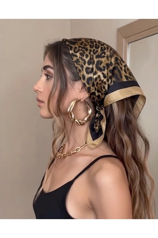 Trend Dokunuş Kadın 50-50 Saten Leopar Desenli Fular Bandana