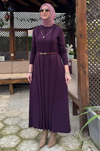 Rabia Şamlı Biricik Kemerli Triko Elbise Mürdüm Normal