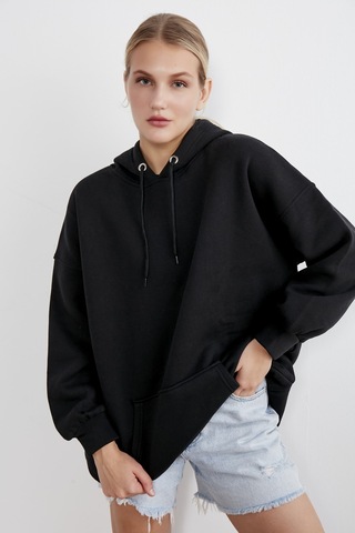Meecy Kadın Siyah Kapüşonlu Kanguru Cepli Sweatshirt Siyah Siyah