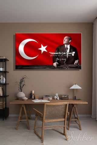 Türk Bayrağı Motifi Gazi Mustafa Kemal Atatürk Portresi Ve Bir Özlü Sözü Yatay Kanvas Tablo 4181 Çok Renkli