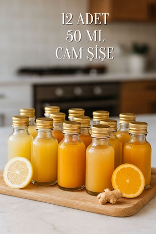 Rotanev 12 Adet Şeffaf Cam Shot Şişesi 50 ML Sızdırmaz Gold Metal Kapaklı+Huni