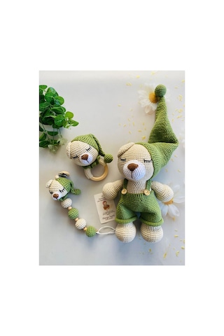 Adenya Sepeti Sepeti Masal Ayıcık Set Yeşil Renk Örgü Amigurumi Oyuncak + Diş Kaşıyıcı + Emzik Askısı