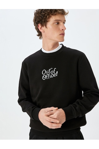 Koton Pamuk Karışımlı Bisiklet Yaka Slogan Baskılı Sweatshirt Siyah 5wam70232mk Siyah