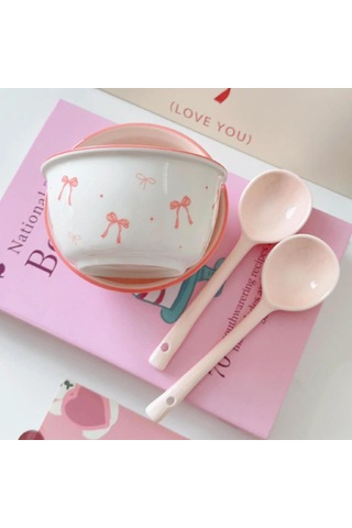 Dondurma Çorbası Pirinç İçin Uygun Benzersiz Renkte Renk Bowknot Deseni İle Pembe Seramik Kase Kaşık Seti Çok Renkli