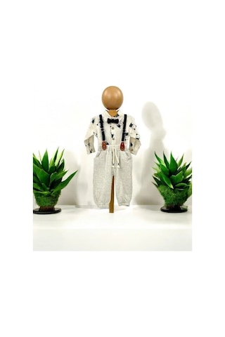 Erkek Bebek 4 Lü Pantolon Askılı Gömlek Papyonlu Takım-14129 Krem