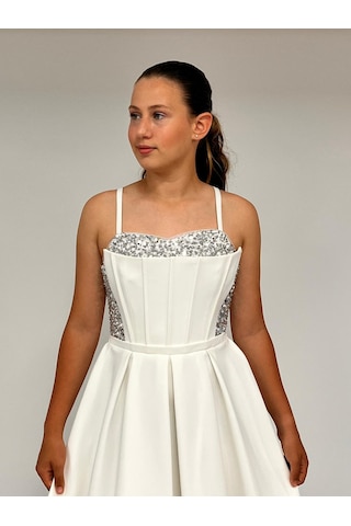 Kız Çocuk Abiye Krem Krep Kısa Pul Payet İşlemeli Biyeli Korseli Kısa Abiye Elbise 10-15 Yaş Krem