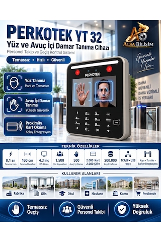 Perkotek Yt 32 Yüz Ve Avuç İçi Damar Tanıma Personel Takip Cihazı Wifi