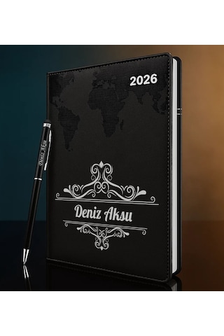 Bk Gift Kişiye Özel İsimli Termo Sert Kapak 2026 Siyah Ajanda & Kalem -2, Öğretmenler Günü Hediyesi, Yeni İş Hediyesi 35335 Bk Gift Renkli