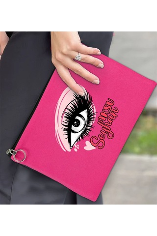 Bk Gift Kişiye Özel İsimli-5 Astarlı Fuşya Portföy Çanta 30x21cm, Baskılı El Çantası, Organizer Çanta
