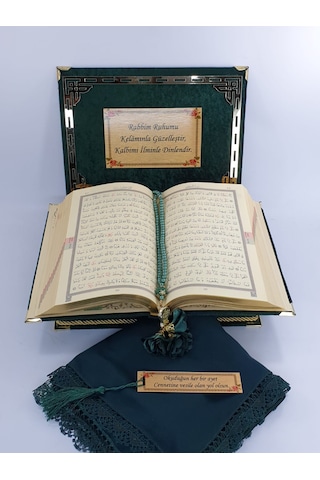 Kişiye Özel Kadife Kutulu Kuranı Kerim Orta Boy Yeşil Kadife-