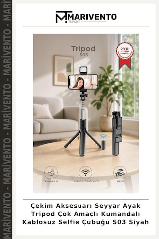 Çekim Aksesuarı Seyyar Ayak Tripod Çok Amaçlı Kumandalı Kablosuz Selfie Çubuğu S03 Siyah