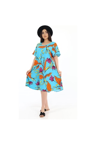 Schık Kadın Viskon Yarım Kol Kare Yaka Elbise Desenli Çok Renkli