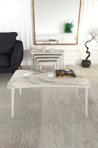 Milas 5li Orta Sehpa Ve Zigon Sehpa Beyaz Ahşap Ayaklı Sehpa