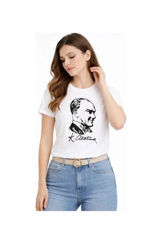 Defymoda Atatürk Baskılı Tişört Kısa Kollu Bisiklet Yaka T-shirt - Beyaz