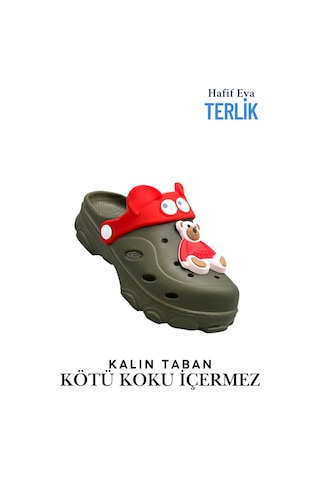 Sermoda Gözlük Desen Ayıcıklı Eva Çocuk Plaj Havuz Terlik Sabo Terlik Haki Kırmızı