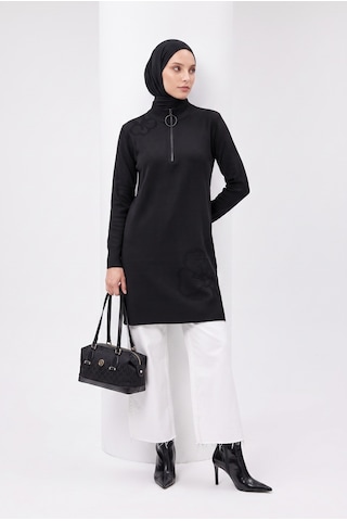 Armine Çiçek Desenli Triko Tunik 25ktd4111 Siyah