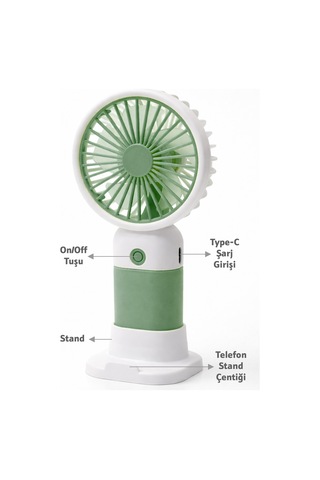 Standlı 3 Mod Şarjlı El Fanı 5 Kademe Seyahat Masaüstü Vantilatör Taşınabilir Mini Fan Yeşil F139