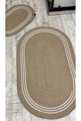 Jüt Hasır 2li Banyo Paspas Takımı-bej Ortası Aralıklı Beyaz Bej