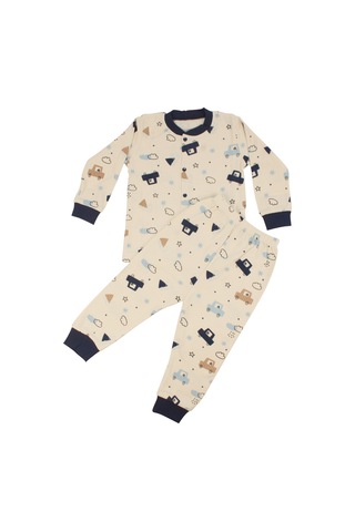 Bebegen Erkek Çocuk Ekru Laci Arabalı Desenli Çıtçıtlı Pijama Takımı Çok Renkli