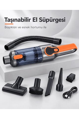 Şeffaf Toz Hazneli Gri Turuncu El Süpürgesi Temizlik Başlıkları Ve Usb Şarj Kablolu Cn